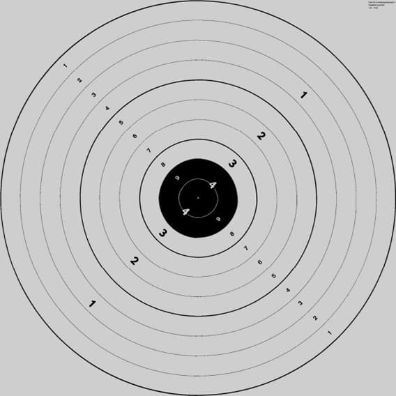 50m Scheibe P4

Pistolen-Kombinationsscheibe P (ein Meter in zehn und vier Kreise eingeteilt). Beim Obligatorischen wird auf die vier grossen Kreise geachtet.
